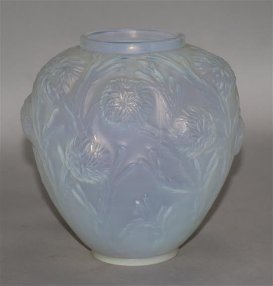 A Sabino, Paris opalescent glass vase, of ovoid form, moulded with chrysanthemum, approx. H.7in.